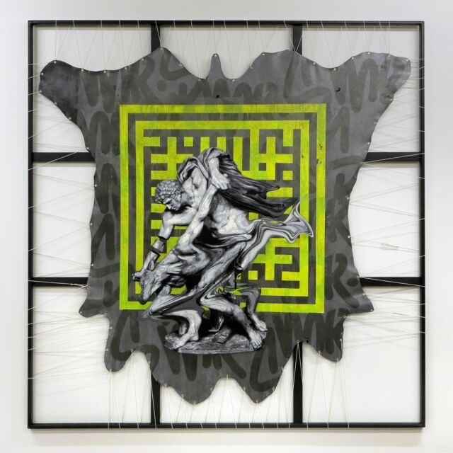 Thésée et Minotaure, 200cm X 200cm, technique mixte: aérosol, huile et pochoir . 
photo @cedricdarbord 
#streetart
#art
#graffiti
#stencilart